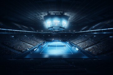 A modern tennis arena with blue court and spotlights from upper perspective. Features fans and 3D illustration background for professional tennis sport. Generative AI