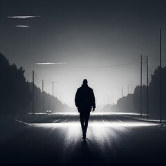 Silhouette of a person walking on the road, generative AI