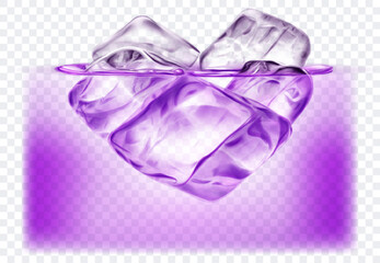 Several big translucent ice cubes floating in the water. Isolated on transparent background. Vector illustration in purple colors. Transparency only in vector format