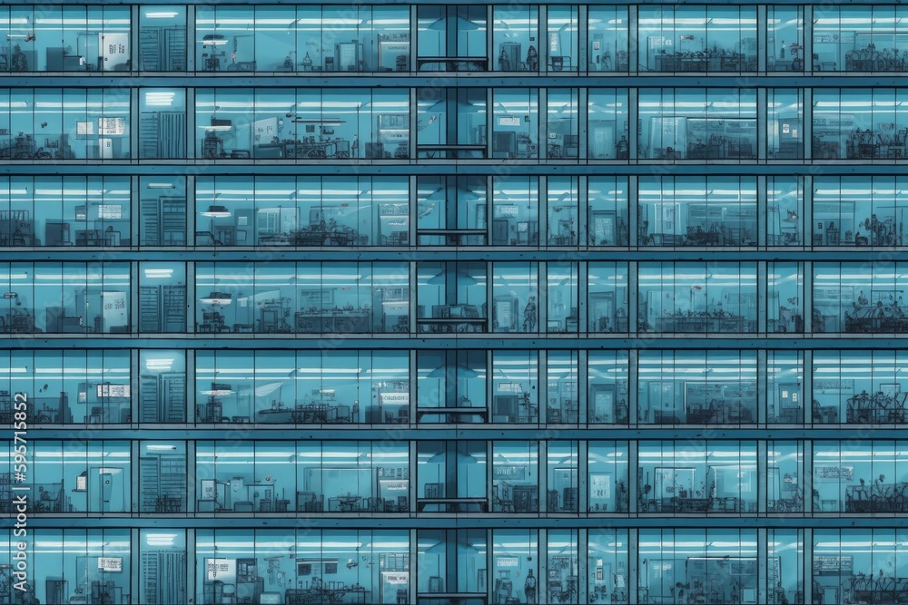Poster skyscraper with numerous windows reaching towards the sky. generative ai