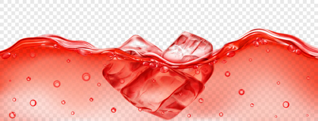 Translucent red ice cubes floating in water with air bubbles, isolated on transparent background. Transparency only in vector format