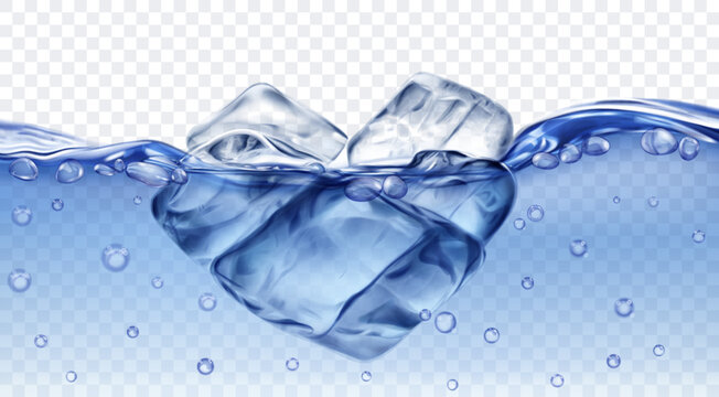 Translucent blue ice cubes floating in water with air bubbles, isolated on transparent background. Transparency only in vector format
