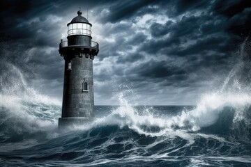 lighthouse standing tall on a massive wave in the endless ocean. Generative AI