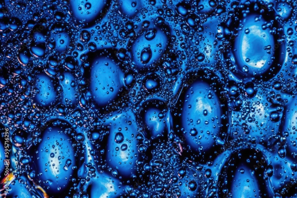 Poster water droplets on a blue surface in macro view. generative ai