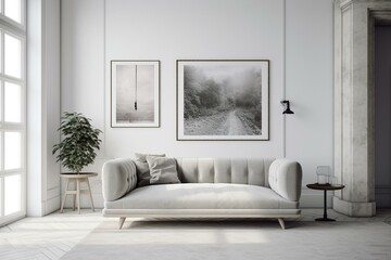 Minimalist white room featuring a sofa and framed poster, depicted through digital art. Generative AI