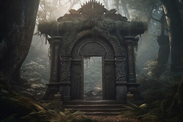 Concept art of ancient gate to Valhalla; a portal gate in a pine forest with a Norse and Viking mythological vibe. Enter the afterlife through the large gate. Generative AI - obrazy, fototapety, plakaty