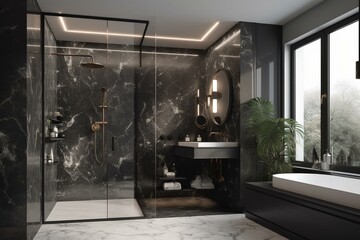 3D modern bathroom with black & white marble finishes, shower cabin, brickwork, track lights, pendants & window with curtain. 3D render. Generative AI