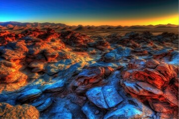 picturesque rocky landscape with a stunning sunset backdrop. Generative AI