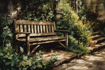 Watercolor painting of a garden bench. Generative AI