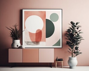 AI generated a chest of drawers with minimalist decoration and a modern style painting leaning on it.