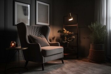 Chic sitting area with armchair and storage, picture placeholder. Generative AI