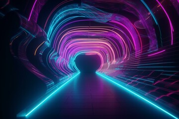 3D neon tunnel made of blue, pink, and purple curved waves. Generative AI