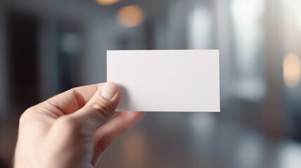 Hand hold blank plain white business card design mockup. Clear calling cards mock up template holding arm. Generative AI.