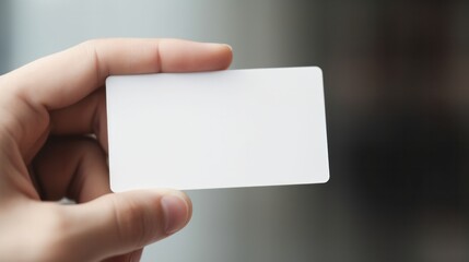 Obraz premium Hand hold blank plain white business card design mockup. Clear calling cards mock up template holding arm. Generative AI.