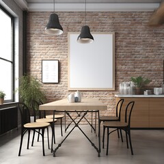 Photo frame mockup of an empty, blank poster in a cafe in a factory loft space, photo-realistic