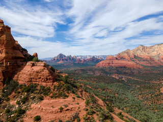 High View Point of Red Rock Mountains and a Desert Valley on a Cloudy Day