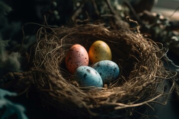Naklejka na ściany i meble Colorful Easter eggs resting in a nest. Generative AI