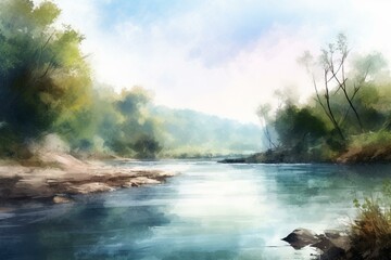 Watercolor painting of river landscape in impressionist style. Generative AI - obrazy, fototapety, plakaty