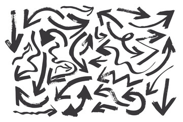 Set of sketch vector hand drawn textured black arrows. Unique scratched brush stroking arrow textures collection for graphic design, decoration, patterns, logo