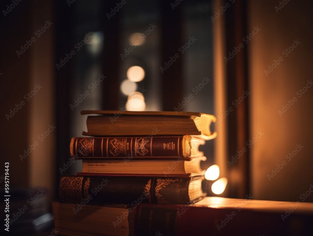 Poster a stack of books sitting on top of a table. ai generative image.