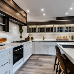 Fototapeta premium 8 A modern farmhouse kitchen with white cabinets, a subway tile backsplash, and wood accents4, Generative AI