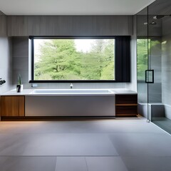Fototapeta premium 3 A modern, minimalist bathroom with a freestanding tub, floating vanity, and floor-to-ceiling windows3, Generative AI