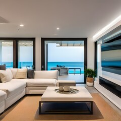 16 A modern beach house living room with a white sectional, natural wood accents, and ocean-inspired decor4, Generative AI