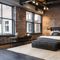 Fototapeta na wymiar 3 An industrial-style bedroom with exposed brick walls, metal accents, and a platform bed3, Generative AI