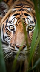 A majestic tiger stalking toward the viewer through the tall grass. Generative AI.
