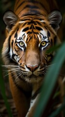 A majestic tiger stalking toward the viewer through the tall grass. Generative AI.