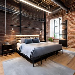 3 An industrial-style bedroom with exposed brick walls, metal accents, and a platform bed4, Generative AI