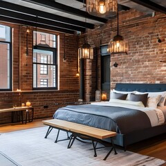 3 An industrial-style bedroom with exposed brick walls, metal accents, and a platform bed5, Generative AI
