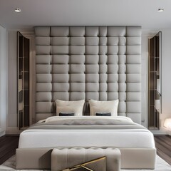 19 A transitional-style bedroom with a tufted headboard, neutral tones, and bold artwork1, Generative AI