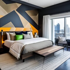 7 A contemporary bedroom with a platform bed, geometric wallpaper, and bold artwork4, Generative AI
