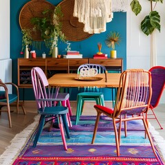 10 A colorful, bohemian-inspired dining room with mismatched chairs, a patterned rug, and macrame decor5, Generative AI