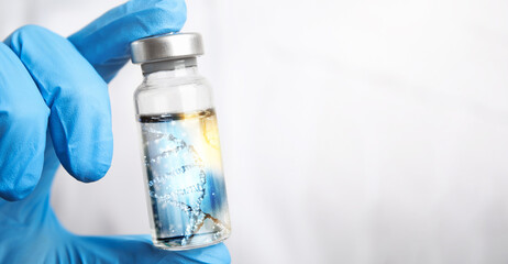 Genetics research. Scientist holding vial with liquid and illustration of DNA structure, closeup....