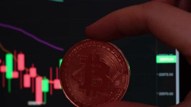 Female hand holding Bitcoin gold coin on background of Stock Market Chart. Bitcoin mining trading concept. BTC golden money. Worldwide virtual internet Cryptocurrency or crypto digital payment system