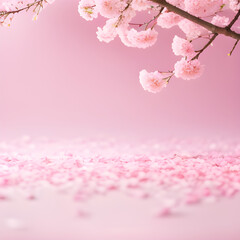 Delicate Pink Cherry Blossoms with Petals on the Ground on a Pink Gradient Background | Generative AI