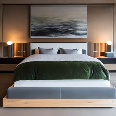 14 A contemporary bedroom with a platform bed, a simple color palette, and a bold piece of artwork5, Generative AI