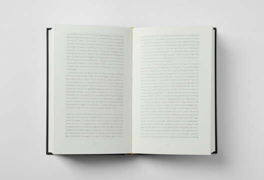 Open book on white background, top view
