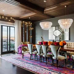 4 A colorful, eclectic dining room with a mix of chair styles, a patterned rug, and a unique chandelier2, Generative AI