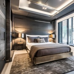 15 A modern, industrial-inspired bedroom with concrete floors, metal accents, and exposed pipes5, Generative AI