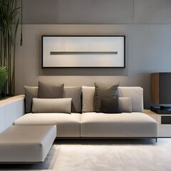 19 A minimalist living room with a simple sofa, a neutral color palette, and a statement piece of artwork5, Generative AI
