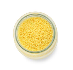 Glass jar of raw couscous isolated on white, top view
