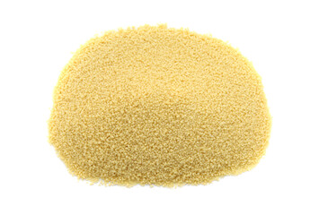 Heap of raw couscous on white background, top view