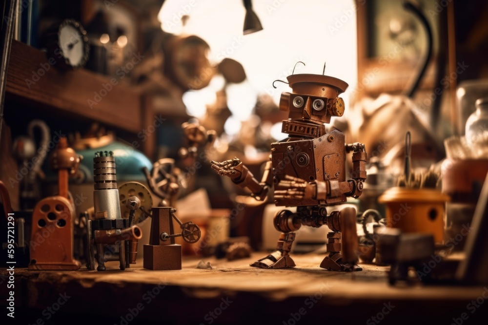 Poster a toy robot standing in front of a bunch of other toys. ai generative image.