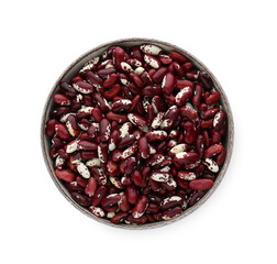 Bowl with dry kidney beans isolated on white, top view
