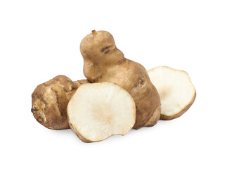 Fototapeta premium Whole and cut Jerusalem artichokes isolated on white
