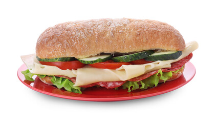Delicious sandwich with fresh vegetables, cheese and salami isolated on white
