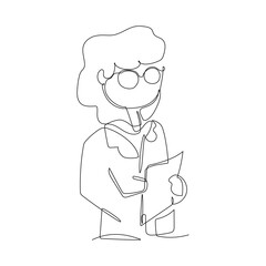 Continuous one line drawing of a woman doctor in glasses holding a clipboard. Vector illustration